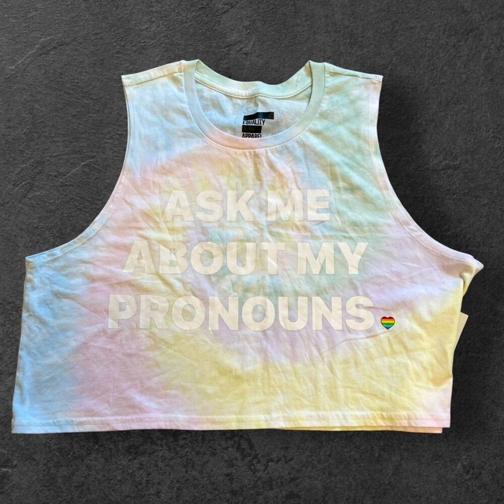 Pastel Tie Dye Pride Tank Ask Me About My Pronouns Cropped Size XL